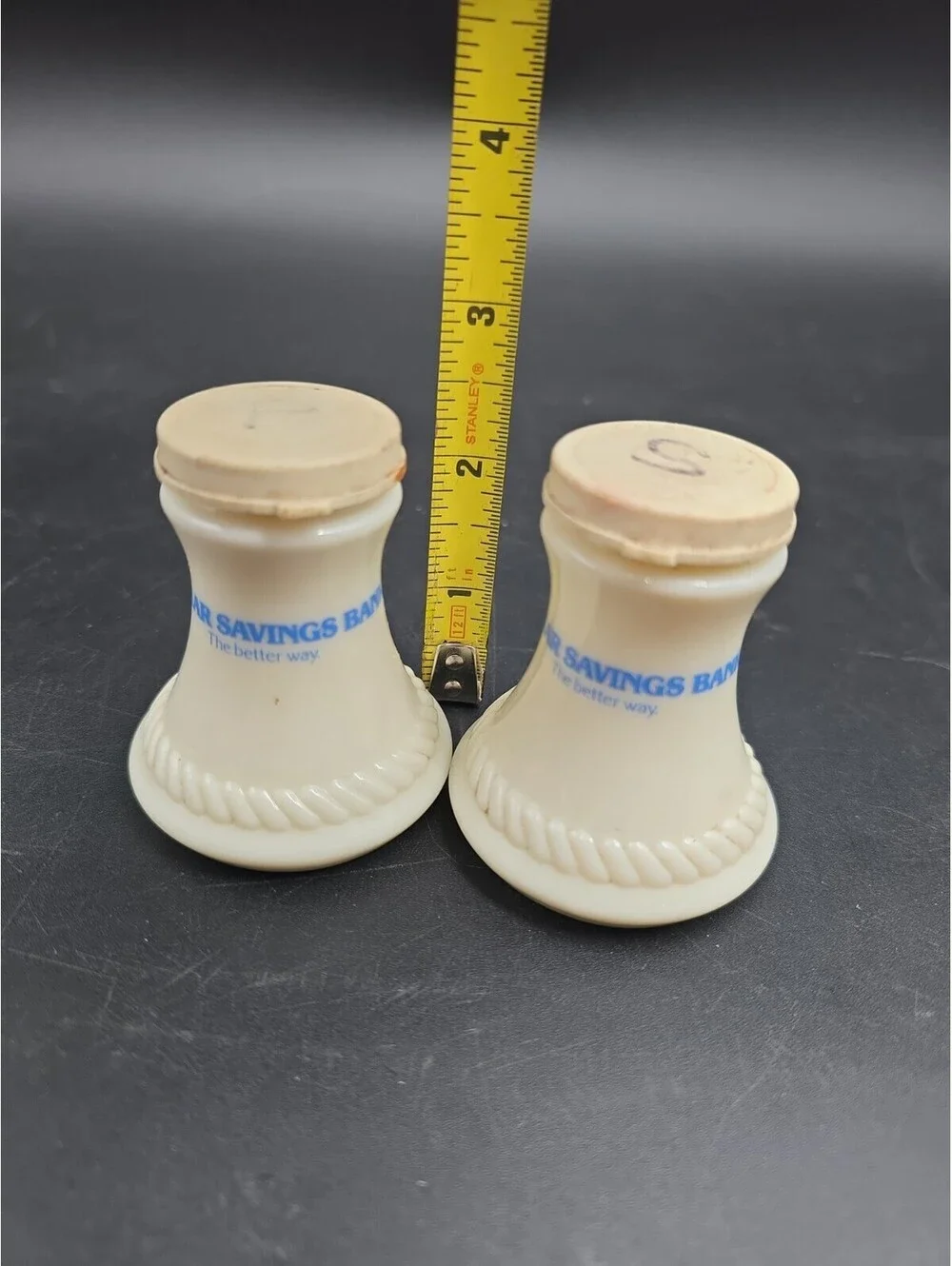 Box #1 Vintage Dollar Savings Bank Advertisement Milk Glass Salt Pepper Shakers